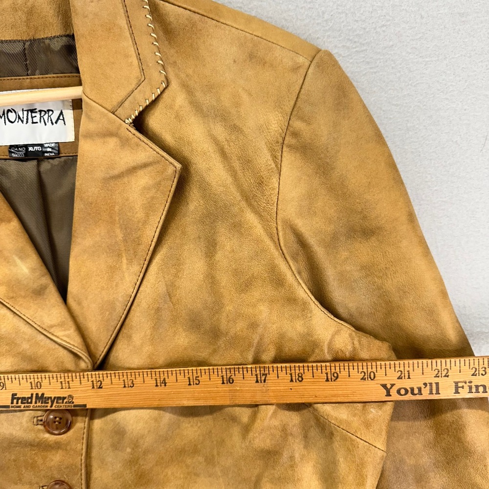 VTG Monterra Leather Jacket Womens XL Tan Brown Oversized Western 3 Button - Picture 6 of 7